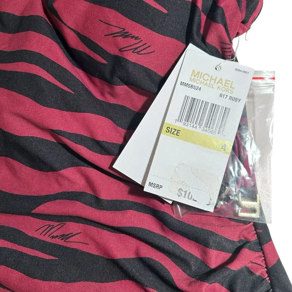 Michael Kors Animal Print One Piece Swimsuit One Shoulder Ruby Black Sz 4 NWT